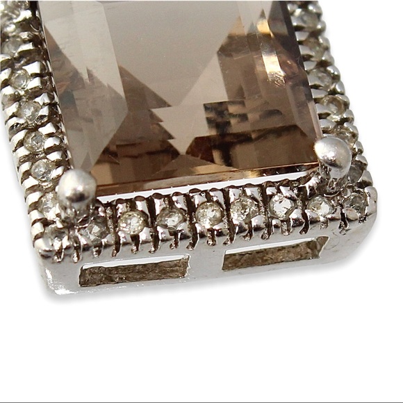 Estate Smoky Quartz Sterling Silver Pendant White Topaz Halo Square Step Cut - Picture 3 of 5